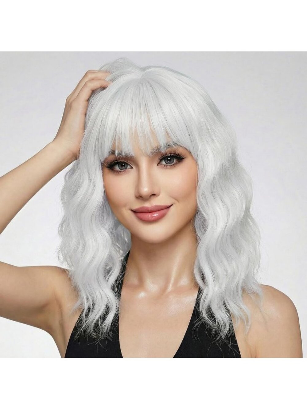 Women's White 14 Inch Short Shoulder Length Synthetic Bangs Wavy Bob Wig